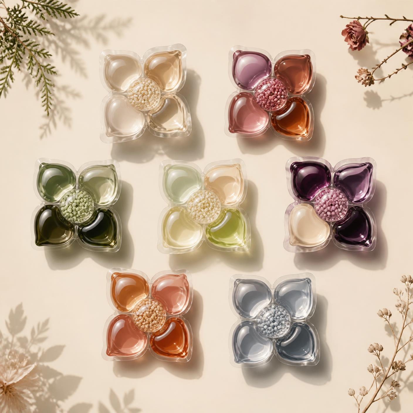 Seven NŌTA five-compartment laundry pods in their fragrance palettes